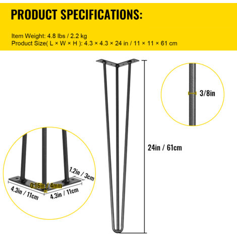 Mophorn 24-Inch Hairpin Table Legs Black Set of 4, 220 lbs Capacity, Carbon Steel, Heavy-Duty DIY Desk Legs
