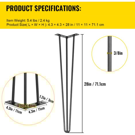 Mophorn Hairpin Table Legs 28 inch Black Set of 4 Desk Legs 220lbs Capacity Carbon Steel DIY Furniture Legs