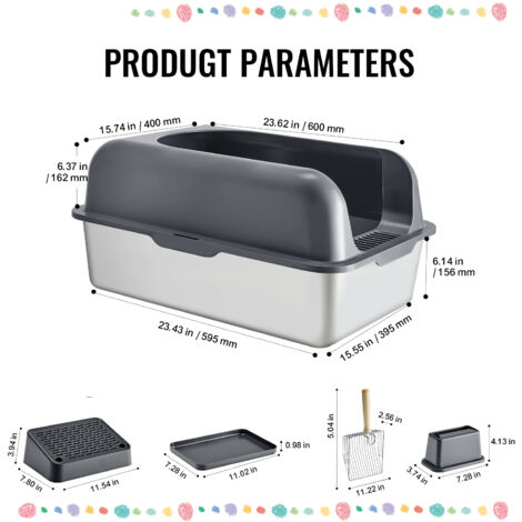 Mophorn Extra Large Stainless Steel Cat Litter Box, 6-Inch Deep with Scoop, Wide Filtering Footboard, Odor-Free, Easy to Clean, High Sides – Perfect for Big Cats