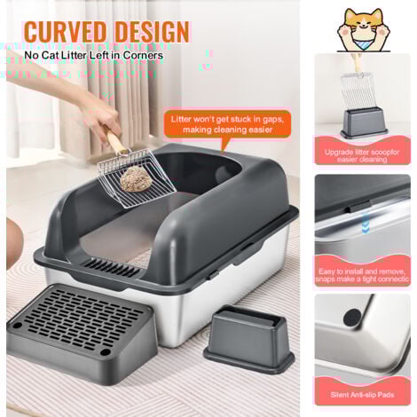 Mophorn Extra Large Stainless Steel Cat Litter Box, 6-Inch Deep with Scoop, Wide Filtering Footboard, Odor-Free, Easy to Clean, High Sides – Perfect for Big Cats