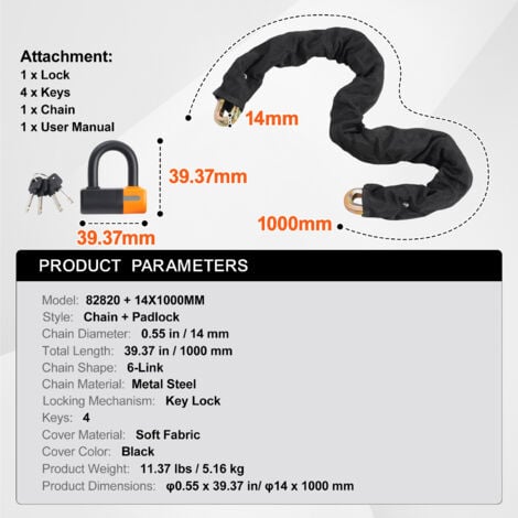 Mophorn Bike Chain Lock, 3.28 Ft Bicycle Chain Lock with 4 Keys, Heavy Duty Metal Steel Anti-Theft High Security Bike Lock, Perfect for Bike, Motorcycle, Scooter, Door, Fence, or Gate, 14mm