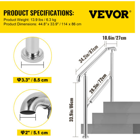 Mophorn Stainless Steel Transitional Handrail for Level Surface and 1-3 Steps Adjustable Stair Railing Indoor Outdoor, 220lb Capacity with Installation Kit, Porch DIY