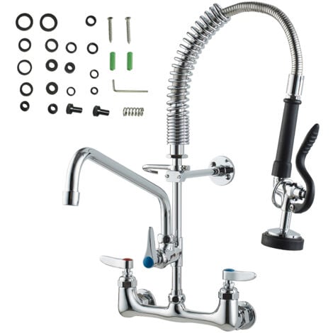 Mophorn Commercial Faucet with Pre-Rinse Sprayer, 21" Height, 8" Center, 12" Swing Spout, Wall-Mount Kitchen Sink Faucet, Brass Construction with Pull-Down Spray, for 1/2/3 Compartment Sink