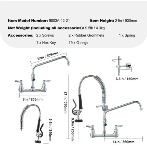 Mophorn Commercial Faucet with Pre-Rinse Sprayer, 21" Height, 8" Center, 12" Swing Spout, Wall-Mount Kitchen Sink Faucet, Brass Construction with Pull-Down Spray, for 1/2/3 Compartment Sink