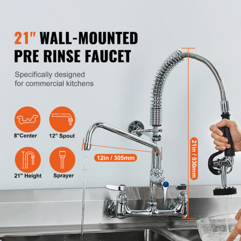 Mophorn Commercial Faucet with Pre-Rinse Sprayer, 21" Height, 8" Center, 12" Swing Spout, Wall-Mount Kitchen Sink Faucet, Brass Construction with Pull-Down Spray, for 1/2/3 Compartment Sink