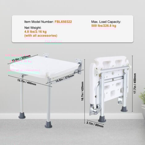 Mophorn Folding PE Shower Seat, 15.7'' x 14.8'' Unfolded, Wall Mounted Fold Up Shower Bench with 500 lbs Load Capacity, Space Saving for All Users