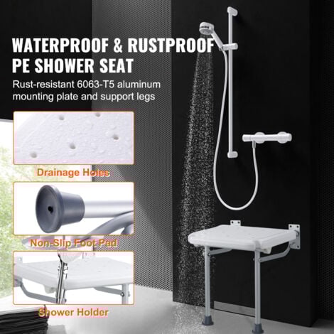 Mophorn Folding PE Shower Seat, 15.7'' x 14.8'' Unfolded, Wall Mounted Fold Up Shower Bench with 500 lbs Load Capacity, Space Saving for All Users