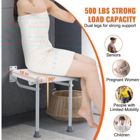 Mophorn Folding PE Shower Seat, 15.7'' x 14.8'' Unfolded, Wall Mounted Fold Up Shower Bench with 500 lbs Load Capacity, Space Saving for All Users