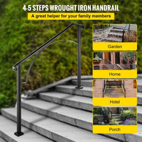 Mophorn Handrails for Outdoor Steps, Fit 4 or 5 Steps Outdoor Stair Railing, Arch4 Wrought Iron Handrail, Flexible Porch Railing, Black Transitional Handrails for Concrete Steps or Wooden Stairs