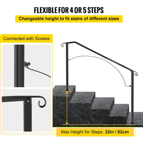 Mophorn Handrails for Outdoor Steps, Fit 4 or 5 Steps Outdoor Stair Railing, Arch4 Wrought Iron Handrail, Flexible Porch Railing, Black Transitional Handrails for Concrete Steps or Wooden Stairs
