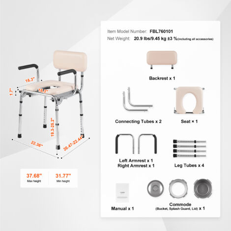 Mophorn Commode Chair, Bedside Commode with Padded Seat, Drop-Down Arms, 7-Level Adjustable Height, 5.8L Removable Bucket, 350LBS Capacity, Portable Toilet for Adults Seniors