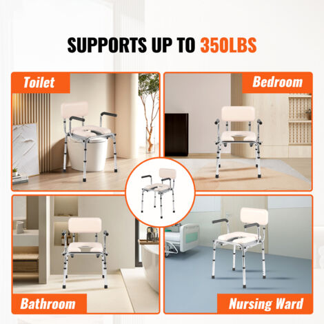 Mophorn Commode Chair, Bedside Commode with Padded Seat, Drop-Down Arms, 7-Level Adjustable Height, 5.8L Removable Bucket, 350LBS Capacity, Portable Toilet for Adults Seniors