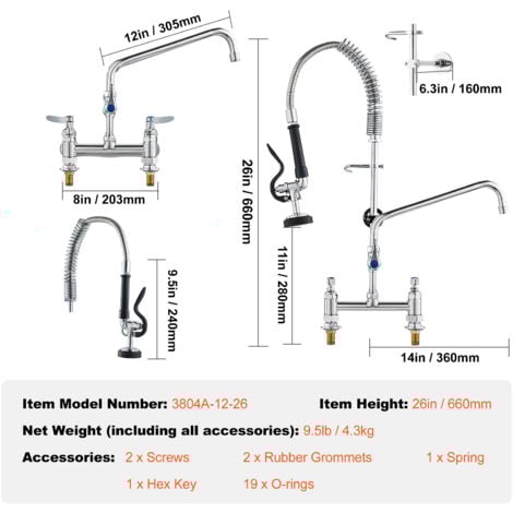 Mophorn Commercial Faucet with Pre-Rinse Sprayer, 26" Height, 8" Center, 12" Swing Spout, Deck Mount Kitchen Sink Faucet, Brass Constructed Device with Pull Down Spray, for 1/2/3 Compartment Sink