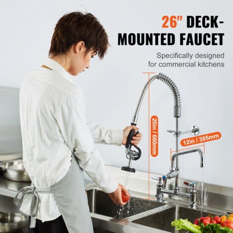 Mophorn Commercial Faucet with Pre-Rinse Sprayer, 26" Height, 8" Center, 12" Swing Spout, Deck Mount Kitchen Sink Faucet, Brass Constructed Device with Pull Down Spray, for 1/2/3 Compartment Sink