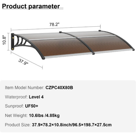 Mophorn 80 x 40 Window Door Awning Canopy, UPF 50+ Polycarbonate Outdoor Entry Overhang for Sun, Rain, Snow Protection