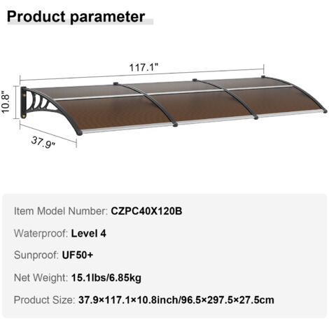Mophorn Window Door Awning Canopy 40" x 120", UPF 50+ Polycarbonate, Outdoor Entry Door Overhang, UV, Rain, Snow Protection, Hollow Sheet