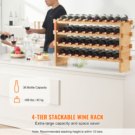 Mophorn 36 Bottle Stackable Modular Wine Rack, 4-Tier Solid Bamboo
