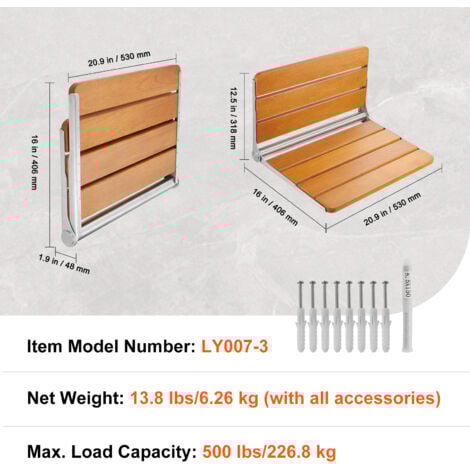 Mophorn Folding Teak Shower Seat, 20.9 x 16'' Unfolded, Wall Mounted Fold Up Shower Bench with 500 lbs Load Capacity, Space Saving Home Care Fold Down Shower Chair, for Seniors Pregnant Women Children