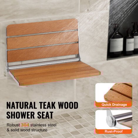 Mophorn Folding Teak Shower Seat, 20.9 x 16'' Unfolded, Wall Mounted Fold Up Shower Bench with 500 lbs Load Capacity, Space Saving Home Care Fold Down Shower Chair, for Seniors Pregnant Women Children