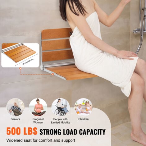 Mophorn Folding Teak Shower Seat, 20.9 x 16'' Unfolded, Wall Mounted Fold Up Shower Bench with 500 lbs Load Capacity, Space Saving Home Care Fold Down Shower Chair, for Seniors Pregnant Women Children