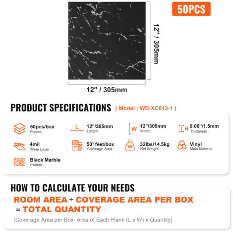 Mophorn Self Adhesive Vinyl Floor Tiles 12 x 12 inch, 50 Tiles 1.5mm Thick. Transform Your Space with Black Marble DIY Flooring for Various Rooms