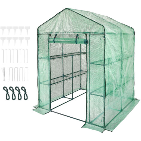 Mophorn Walk-in Green House, 4.6 x 4.6 x 6.6 ft Greenhouse with Shelves, Set Up in Minutes, High Strength PE Cover with Doors & Windows and Steel Frame, Suitable for Planting and Storage, Green (1/5)