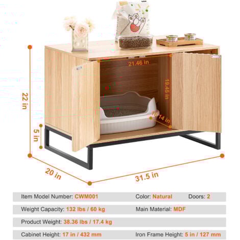 Mophorn Cat Litter Box Enclosure, Hidden Litter Box Furniture, Wooden Cat Washroom Indoor with 2 Doors & Study Metal Legs, Cat House Cabinet Hidden Fit Most of Litter Box, 31.5"L x 20"W x 22"H, Natura