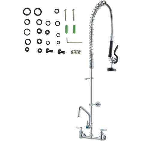 Mophorn Commercial Faucet with Pre-Rinse Sprayer, 44" Height, 8" Center, 12" Swing Spout, Wall-Mount Kitchen Sink Faucet, Brass Construction with Pull-Down Spray, for 1/2/3 Compartment Sink