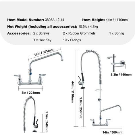 Mophorn Commercial Faucet with Pre-Rinse Sprayer, 44" Height, 8" Center, 12" Swing Spout, Wall-Mount Kitchen Sink Faucet, Brass Construction with Pull-Down Spray, for 1/2/3 Compartment Sink
