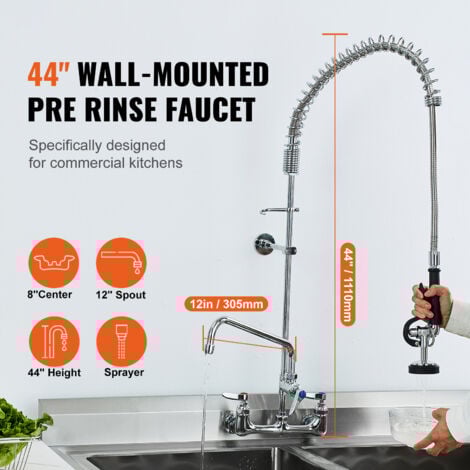 Mophorn Commercial Faucet with Pre-Rinse Sprayer, 44" Height, 8" Center, 12" Swing Spout, Wall-Mount Kitchen Sink Faucet, Brass Construction with Pull-Down Spray, for 1/2/3 Compartment Sink