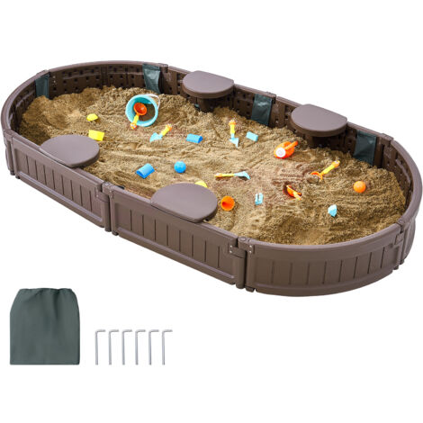 Mophorn Sandbox with Cover, 72 x 41.5 x 9.1 in Oval Sand Box, HDPE Sand Pit with 4 Corner Seating and Bottom Liner, Kids Sandbox for Outdoor Backyard, Beach, Park, Gift for Boys Girls Ages 3-12, Brown
