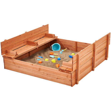 Mophorn Wooden Sandbox, 52.4 x 47.2 x 16.9 in Sand Box, Sand Pit with Foldable Bench Seats and Bottom Liner, Natural Wood Kids Sandbox for Outdoor Backyard, Beach, Park, Gift for Boys Girls Ages 3-12 (1/5)