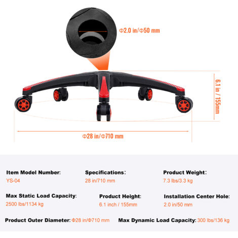 Mophorn Office Chair Base Replacement, 28", 2500 lbs Static Load, Heavy Duty Universal Computer Desk Chair Stool Base Part with 5 Casters and Reinforced Legs, Desk Chair Base Replacement, Black + Red