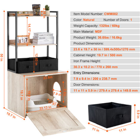 Mophorn Cat Litter Box Enclosure, Hidden Litter Box Furniture with 2 Storage Shelves & 2 Baskets, Wooden Cat Washroom Indoor, Cat House Cabinet Fit Most of Litter Box, 23.6"L x 19.7"W x 50"H, Natural