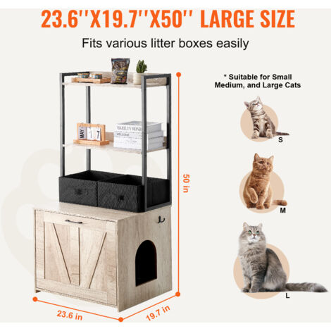 Mophorn Cat Litter Box Enclosure, Hidden Litter Box Furniture with 2 Storage Shelves & 2 Baskets, Wooden Cat Washroom Indoor, Cat House Cabinet Fit Most of Litter Box, 23.6"L x 19.7"W x 50"H, Natural