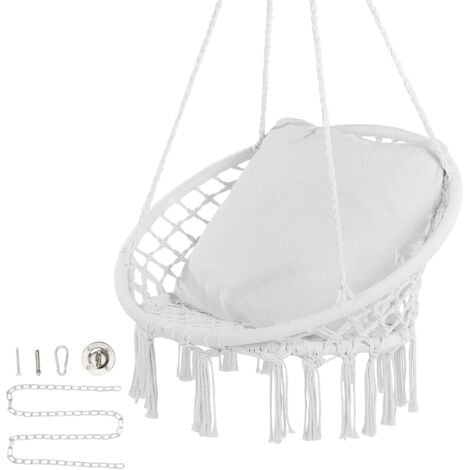 Mophorn Hanging Hammock Swing Chair, 330 lbs Capacity, Macrame Hanging Chair with Cushion and Mounting Hardware, Cotton Rope Swing Chair for Bedroom, Balcony, Patio, Garden, White