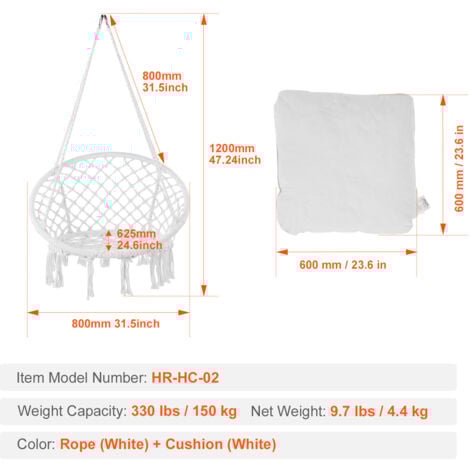 Mophorn Hanging Hammock Swing Chair, 330 lbs Capacity, Macrame Hanging Chair with Cushion and Mounting Hardware, Cotton Rope Swing Chair for Bedroom, Balcony, Patio, Garden, White