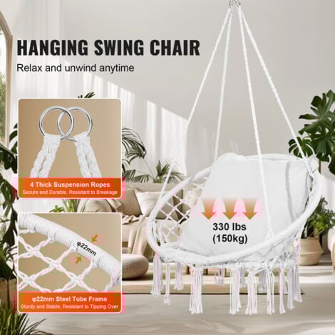 Mophorn Hanging Hammock Swing Chair, 330 lbs Capacity, Macrame Hanging Chair with Cushion and Mounting Hardware, Cotton Rope Swing Chair for Bedroom, Balcony, Patio, Garden, White