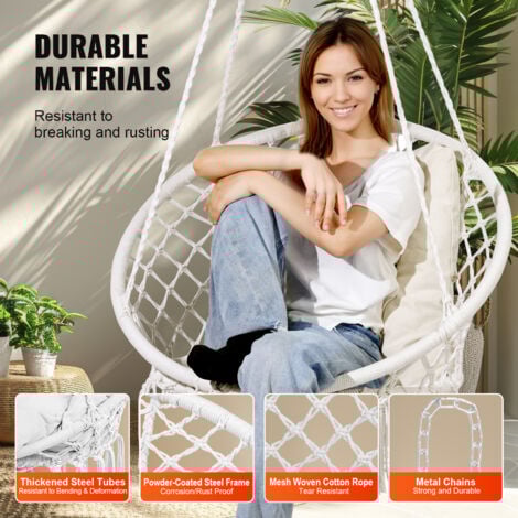 Mophorn Hanging Hammock Swing Chair, 330 lbs Capacity, Macrame Hanging Chair with Cushion and Mounting Hardware, Cotton Rope Swing Chair for Bedroom, Balcony, Patio, Garden, White