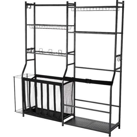 Mophorn Golf Storage Garage Organizer, 2 Golf Bag Storage Stand Holder and Other Sports Equipment Storage Rack, Outdoor Steel Ball Cart, Sports Gear and Toys Storage Shelves with Baskets & Hooks, Blac