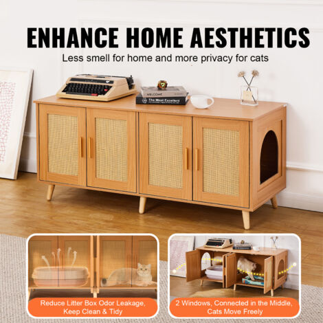 Mophorn Cat Litter Box Enclosure for 2 Cats, Litter Box Furniture Hidden with Rattan Decorated Doors, Wooden Cat Box Cabinet Fit Most of Litter Box, 47.2"L x 19.7"W x 21.7"H, Natural