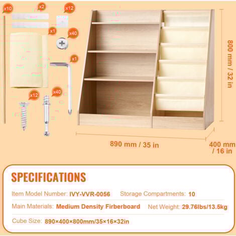 Mophorn 4-Tier Kids Wooden Bookshelf, Six-Layer Sling Design, Baby's Book and Toy Storage Rack, Organizer Cabinet for Kids' Spaces like Rooms, Playrooms, Kindergartens, and Nurseries