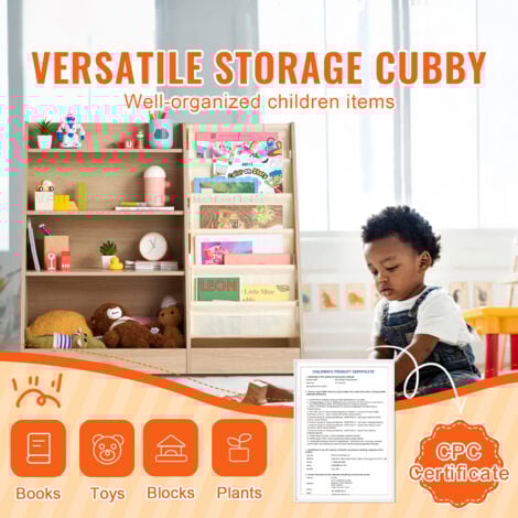 Mophorn 4-Tier Kids Wooden Bookshelf, Six-Layer Sling Design, Baby's Book and Toy Storage Rack, Organizer Cabinet for Kids' Spaces like Rooms, Playrooms, Kindergartens, and Nurseries