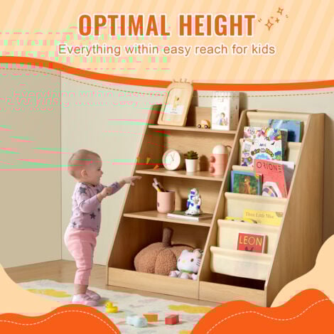 Mophorn 4-Tier Kids Wooden Bookshelf, Six-Layer Sling Design, Baby's Book and Toy Storage Rack, Organizer Cabinet for Kids' Spaces like Rooms, Playrooms, Kindergartens, and Nurseries