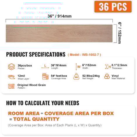 Mophorn Self-Adhesive Vinyl Floor Tiles 36 Pack, 36 x 6 Inch, 2.5mm Thick, Peel & Stick, Natural Wood Grain, DIY Flooring for Kitchen, Dining, Bedroom, Bathroom, Easy Installation