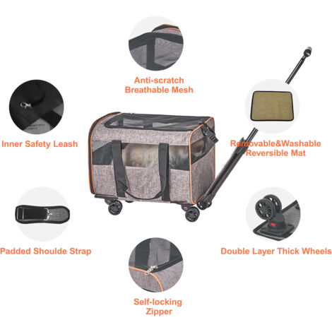 Mophorn Cat Carrier with Wheels, Airline Approved Rolling Pet Carrier, Telescopic Handle & Shoulder Strap for Pets up to 10 kg, Grey