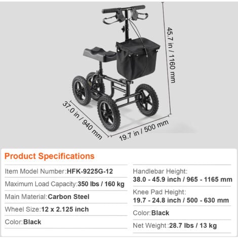 Mophorn Folding Knee Scooter, Carbon Steel Steerable Knee Walker with Height-Adjustable Handlebar & Knee Pad, 12" All-Terrain Wheel, Dual Brakes, Leg Recovery Scooter for Injured Ankle Foot Knee, 350L
