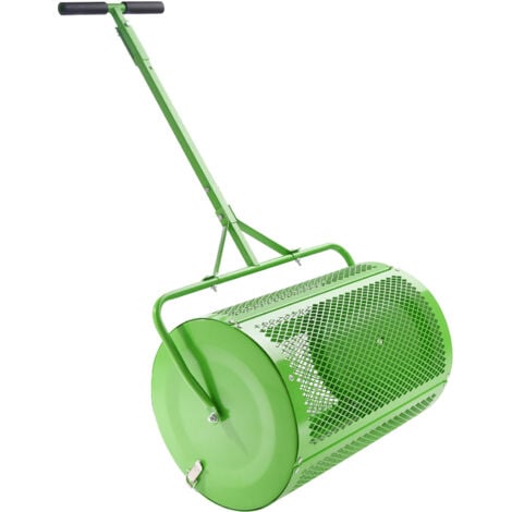 Mophorn Compost Spreader and Peat Moss Spreader 24 Push Tow Behind Roller Lawn Spreader with Height Adjustable T Shaped Handle Steel Mesh Basket Garden Spreader for Spreading Manure Topsoil Green