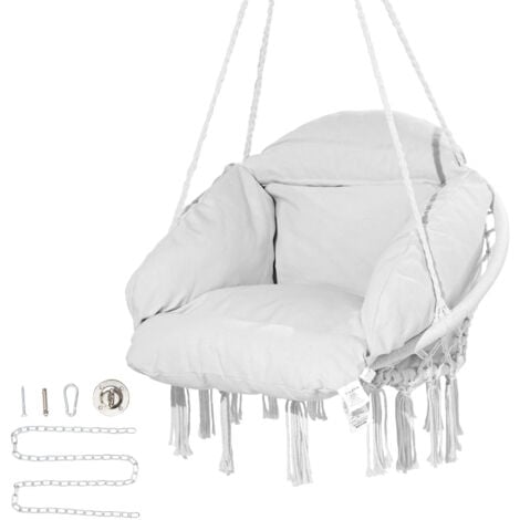Mophorn Hanging Hammock Swing Chair, Macrame Hanging Chair with Cushion and Mounting Hardware, Cotton Rope Swing Chair for Bedroom, Balcony, Patio, Garden, 264 lbs Capacity, White