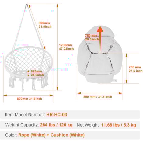Mophorn Hanging Hammock Swing Chair, Macrame Hanging Chair with Cushion and Mounting Hardware, Cotton Rope Swing Chair for Bedroom, Balcony, Patio, Garden, 264 lbs Capacity, White